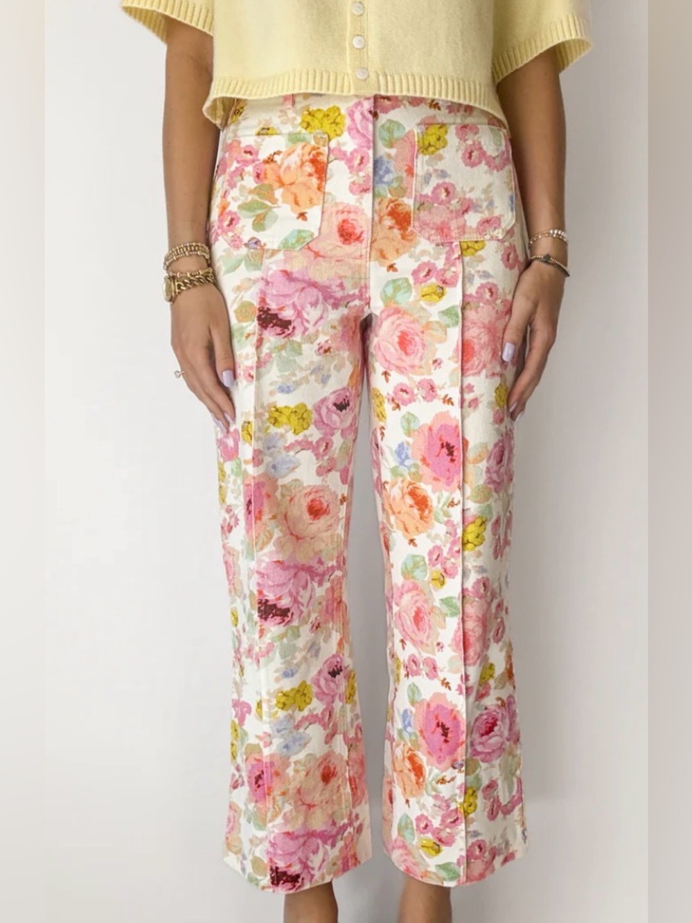entro Women’s Cream Floral Wide-Leg Pants with Pink & Yellow Blooms